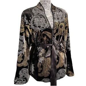 JS Collections Silk Kimono Button Belted Jacket Paisley Blck Gld Wht Floral 16W